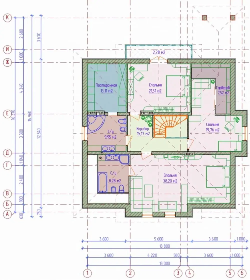 Планировка мансардного этажа дома из газосиликата. Проект №121-01