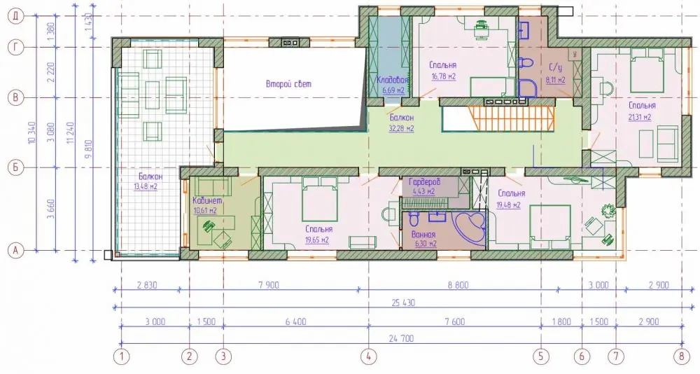 Планировка 2-го этажа двухэтажного дома в стиле хай-тэк. Проект дома №223-01